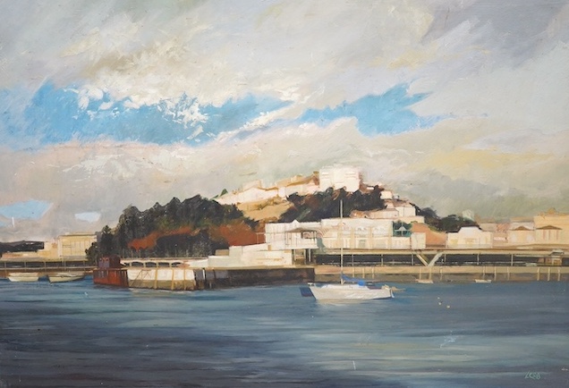 L.C.E.B. oil on board, Riverscape with boat, indistinctly monogrammed lower right, 58 x 84cm, unframed. Condition - fair, some chipping